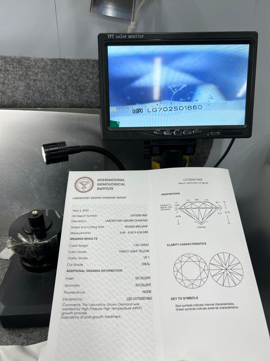 Fancy Light Yellow 1.06 Carat Lab Grown Diamond VS1 IGI None Fluorescence HpHt