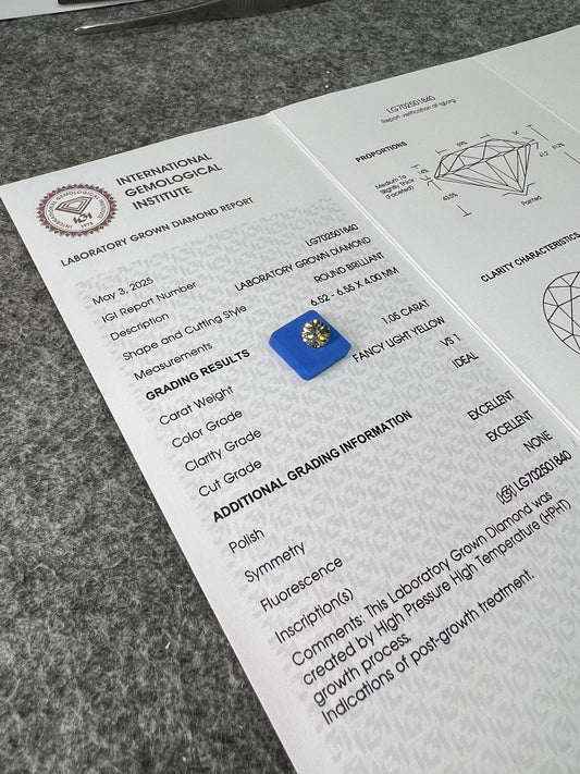 1.05 Carat Fancy Light Yellow Lab Grown Diamond VS1 IGI 3EX HPHT