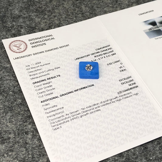 HPHT 0.52 Carat IGI Certificate Lab Grown Diamond D VS1 Ideal 2EX