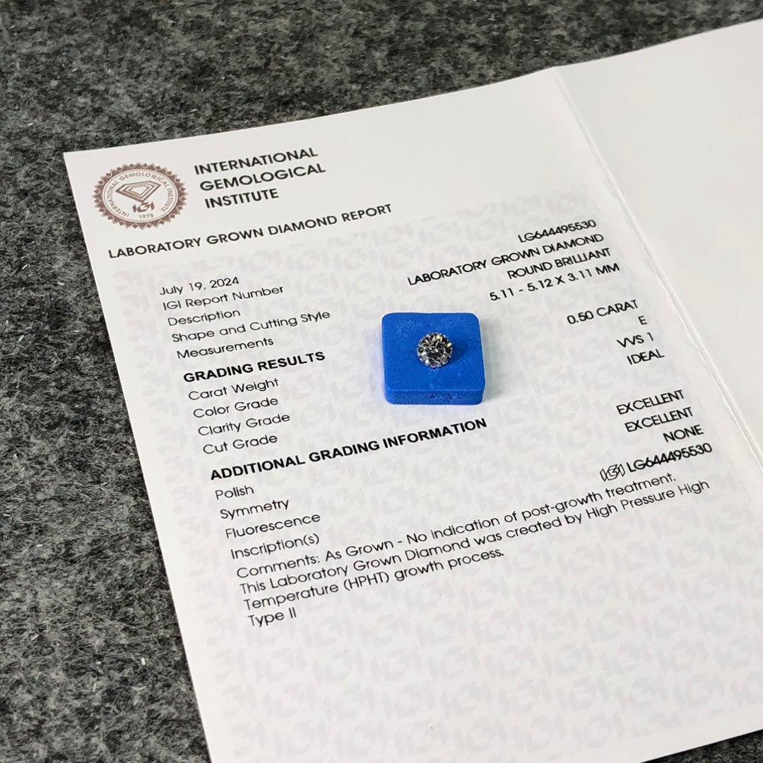 Diamant de laboratoire HPHT 0,5 carat, certificat IGI E VVS1, idéal 2EX
