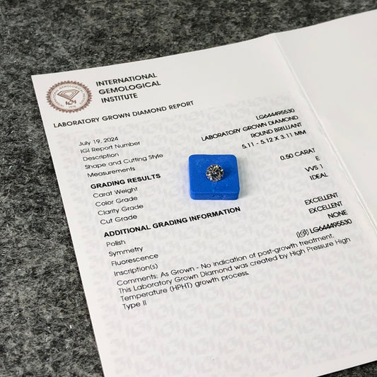 HPHT 0.5 Carat IGI Certificate Lab Grown Diamond E VVS1 Ideal 2EX