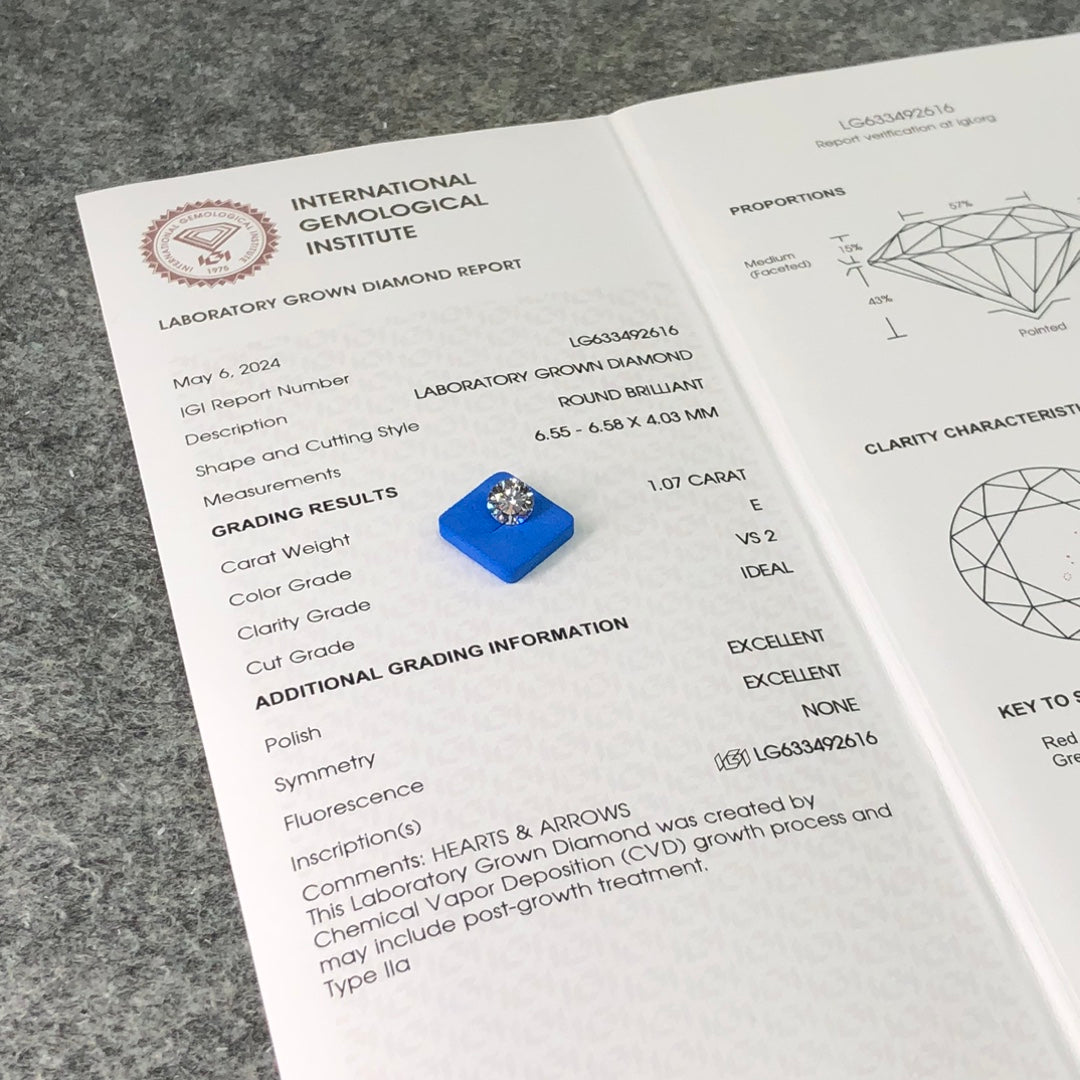 1.07 Carat Lab Grown Round Diamond VS2 IGI E CVD NONE Ideal Excellent