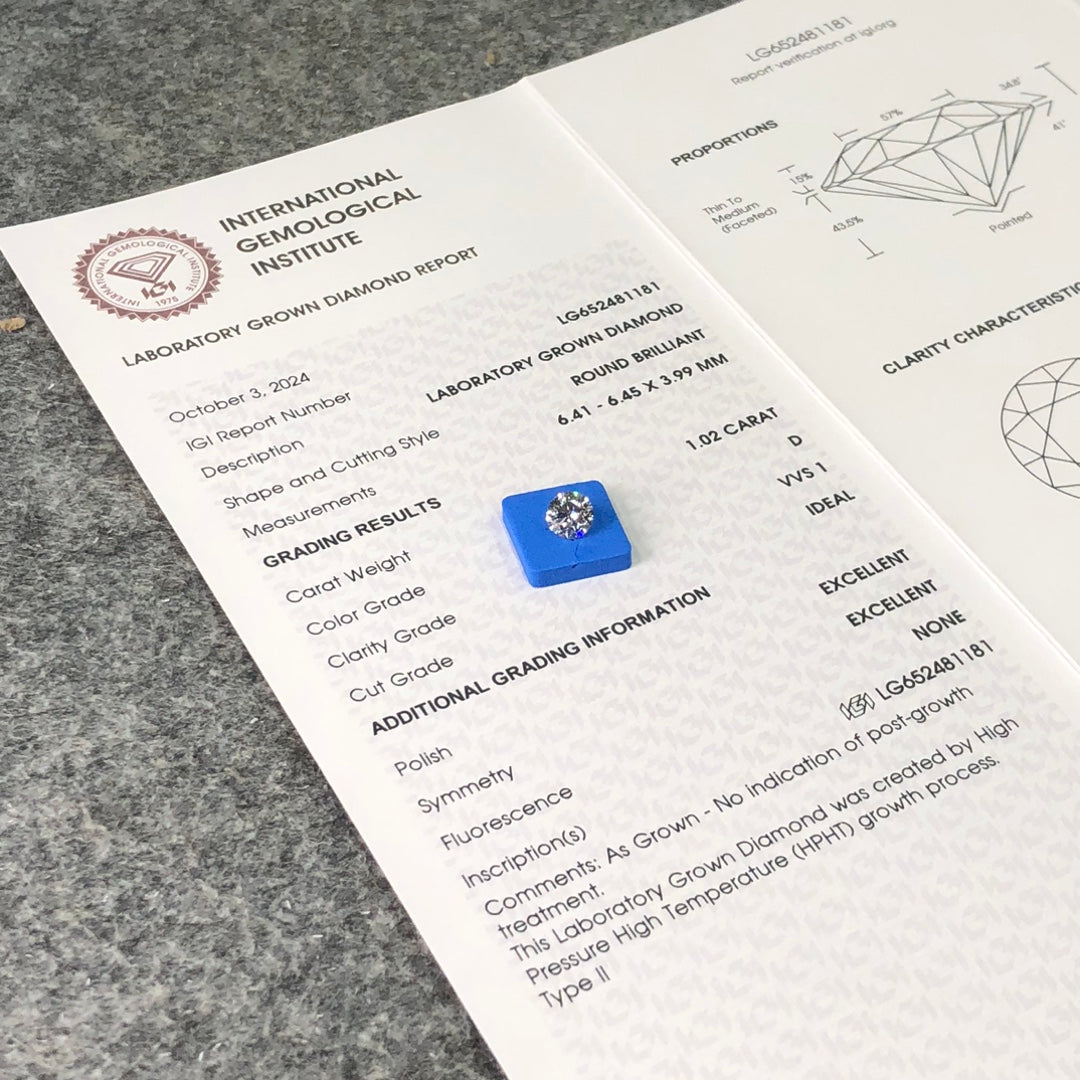 Lab Created Diamond VVS1 IGI 1.02 Carat Round D HPHT NONE 3EX