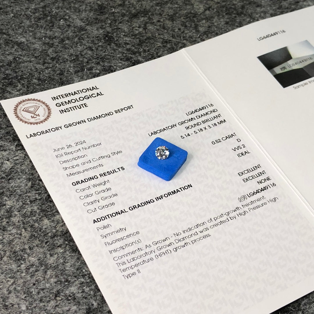 Lab Created Diamond 0.52 Carat IGI Certificate Lab Grown Diamond D VVS2 HPHT
