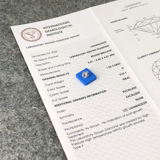 Diamant créé en laboratoire 1,02 carat rond D HPHT AUCUN 3EX VVS1 IGI