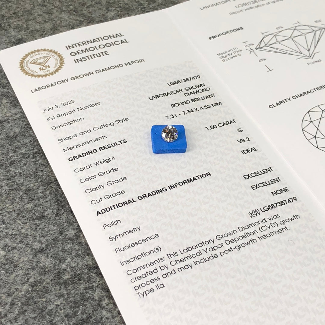 Lab Created Diamond EX Cut 1.5 Carat IGI Certificate Lab Grown Diamond G VS2 CVD