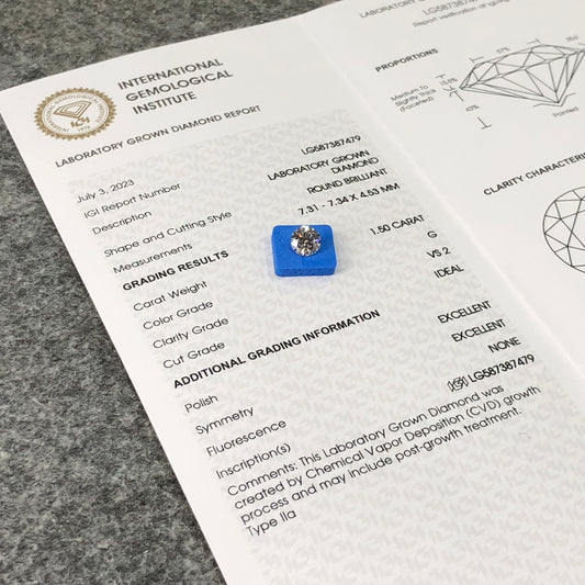 Lab Created Diamond EX Cut 1.5 Carat IGI Certificate Lab Grown Diamond G VS2 CVD