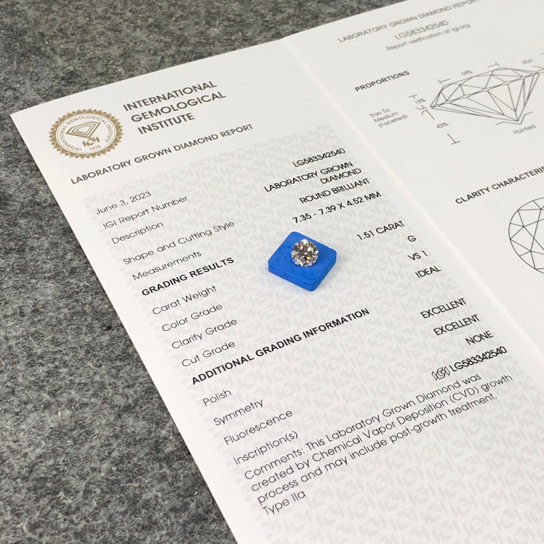 Lab Created Diamond EX Cut CVD 1.51 Carat IGI Certificate Lab Grown Diamond G VS1