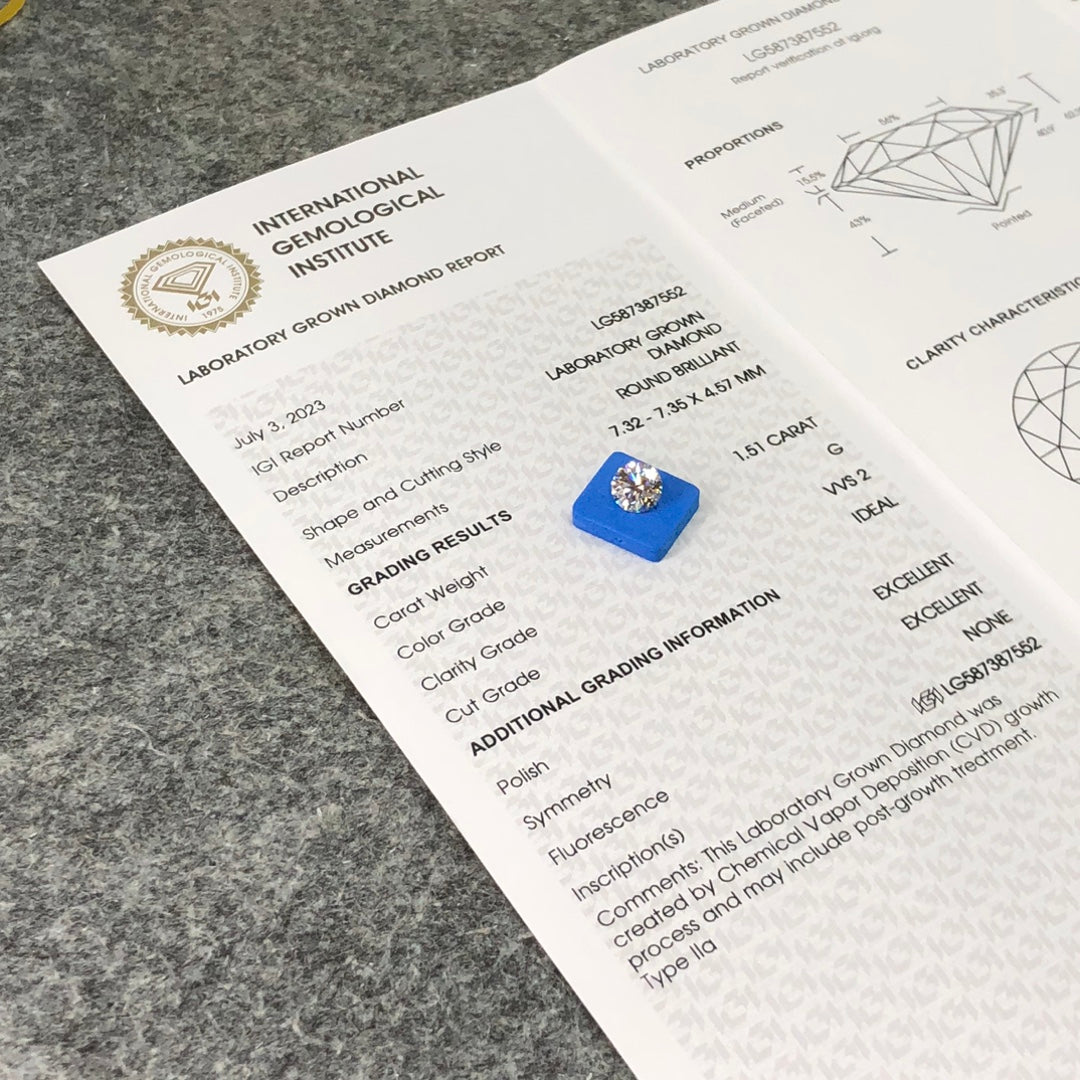 Lab Created Diamond EX Cut 1.51 Carat IGI Certificate Lab Grown Diamond G VVS2 CVD