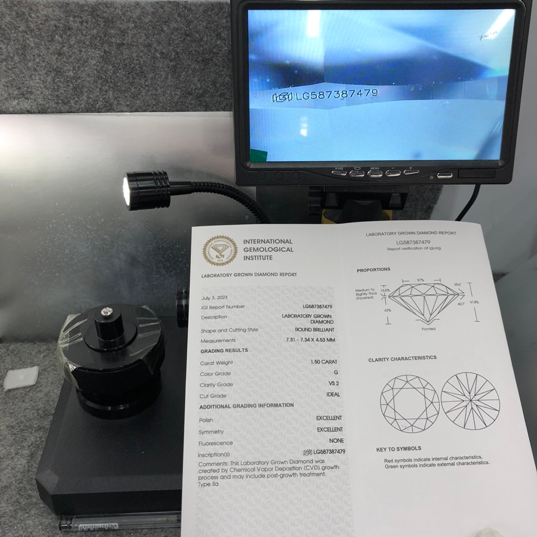 Lab Created Diamond EX Cut 1.5 Carat IGI Certificate Lab Grown Diamond G VS2 CVD