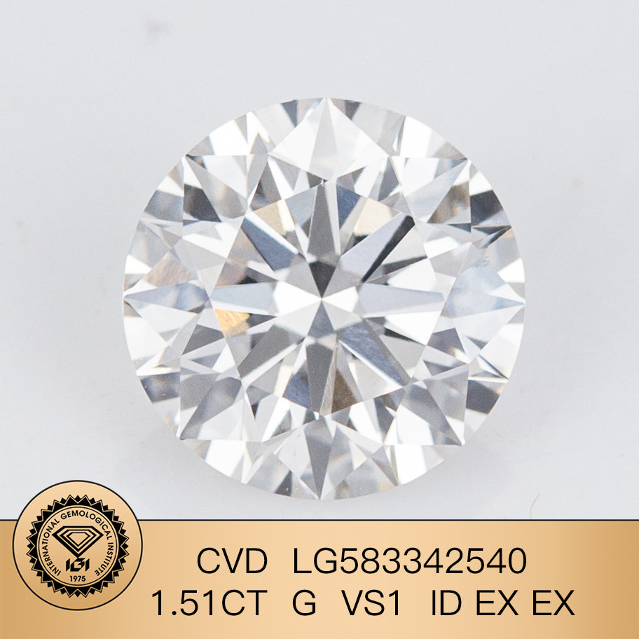 Lab Created Diamond EX Cut CVD 1.51 Carat IGI Certificate Lab Grown Diamond G VS1