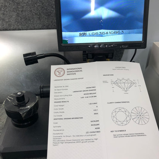 Diamant créé en laboratoire VVS1 IGI 1,02 carat D HPHT AUCUN 3EX ID