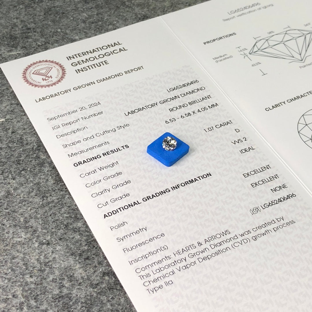 Lab Created Diamond VVS2 IGI 1.07 Carat D CVD NONE 3EX