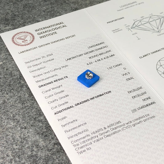 Diamant créé en laboratoire VVS2 IGI 1,07 carat D CVD AUCUN 3EX