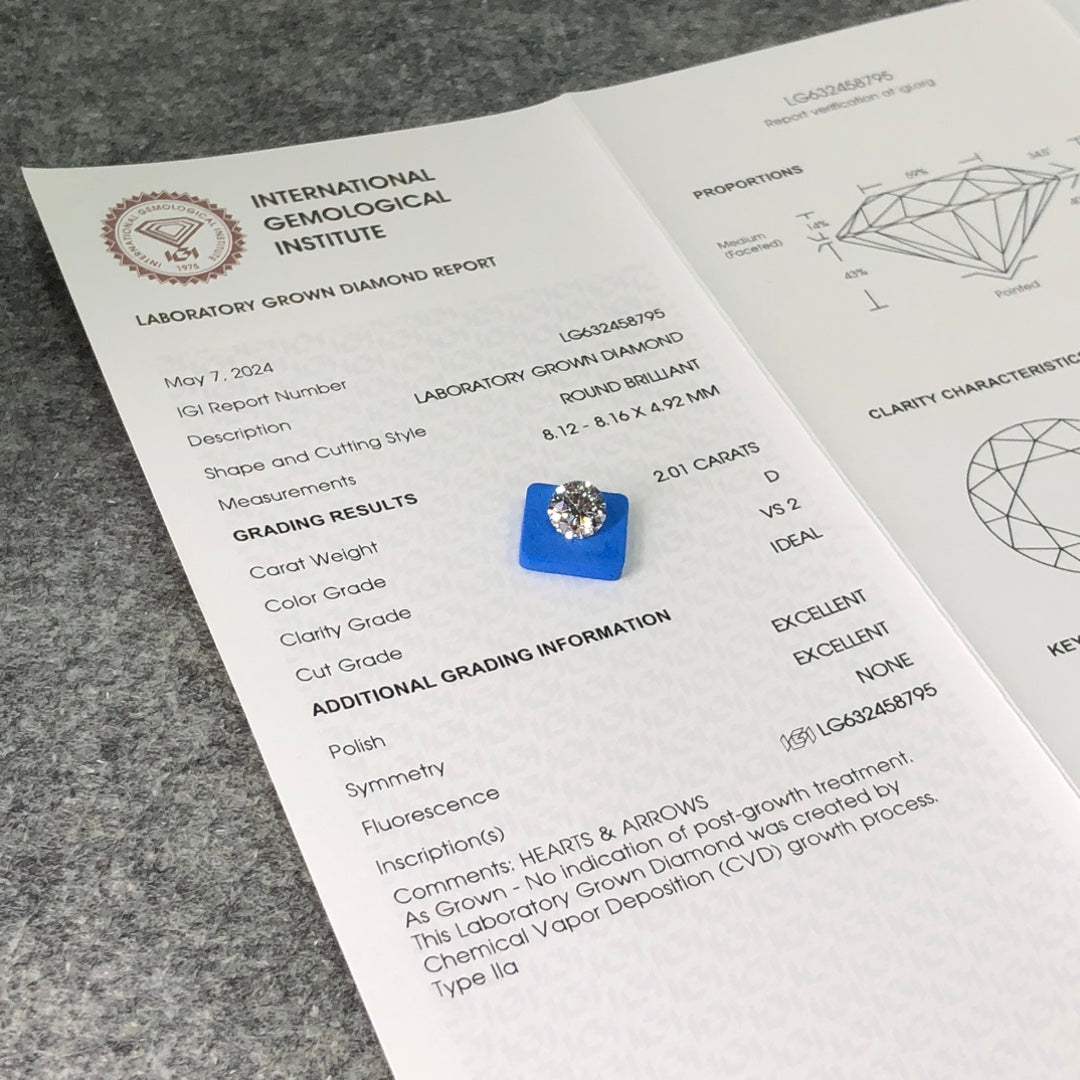 Diamant de laboratoire de 2,01 carats, certifié IGI, diamant créé en laboratoire D VS2 ID 2EX CVD