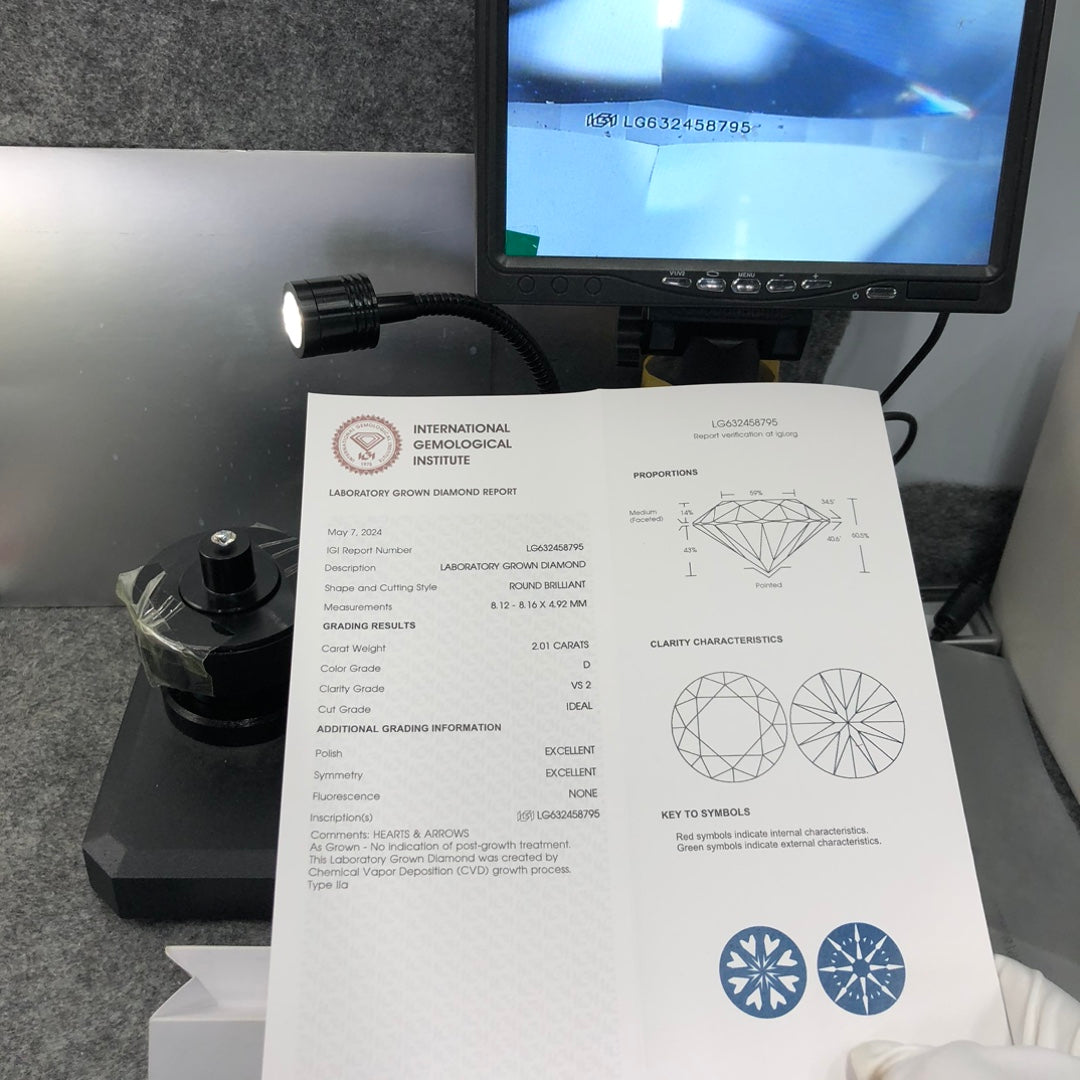 Diamant de laboratoire de 2,01 carats, certifié IGI, diamant créé en laboratoire D VS2 ID 2EX CVD