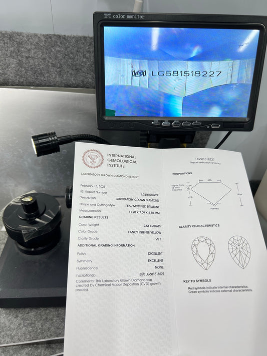 Lab Grown Diamond 2.54 Carat Fancy Intense Yellow VS1 IGI CVD Pear Shape