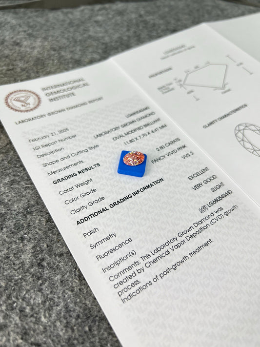 Lab Grown Diamond 2.8 Carat Fancy Vivid Pink VVS2 IGI Slight Fluorescence CVD Oval