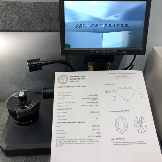 Lab Grown Diamond 9.02 G VS1 2EX IGI CVD NONE Fluorescence Oval