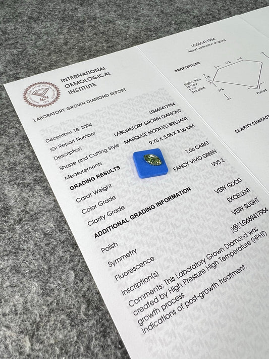 Lab Grown Diamond Fancy Vivid Green Marquise 1.06 Carat VG EX VS HPHT VVS2 IGI Certified