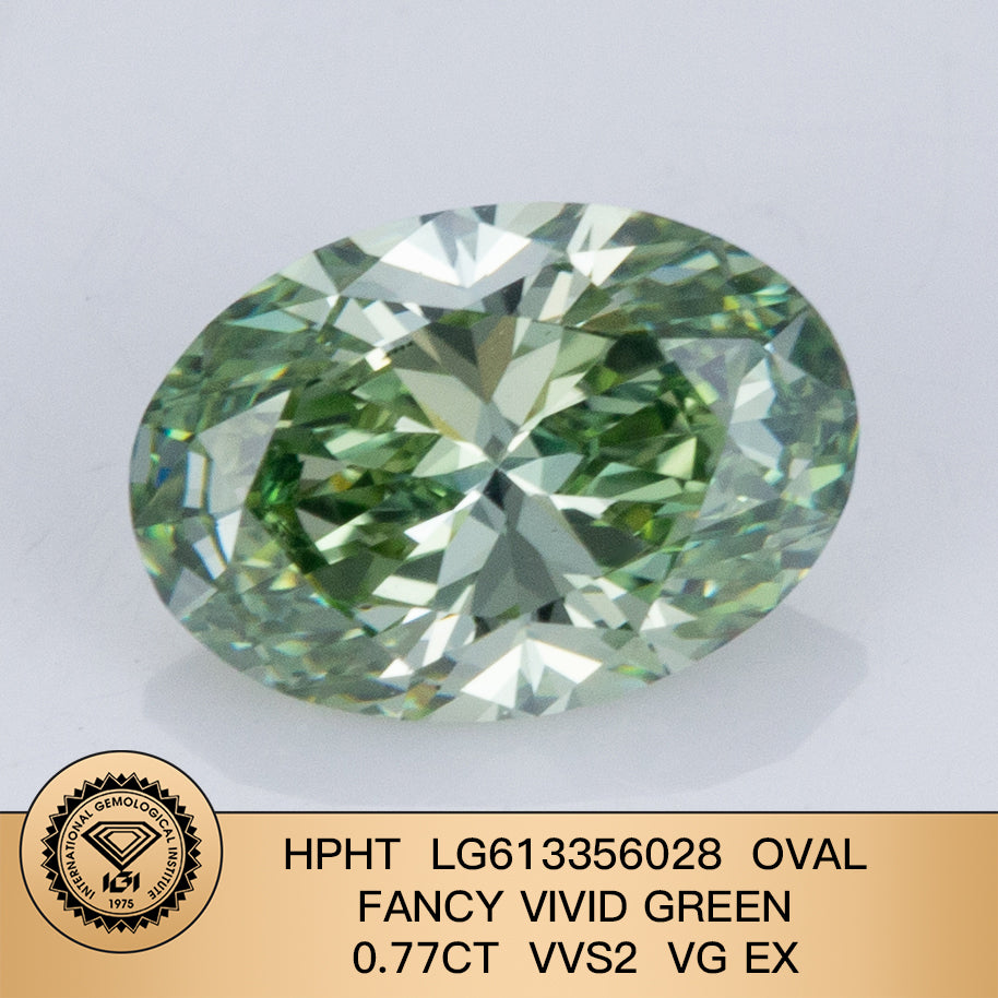 Lab Grown Diamond Fancy Vivid Green Oval 0.77 Carat VG EX HPHT VVS2 IGI Certified