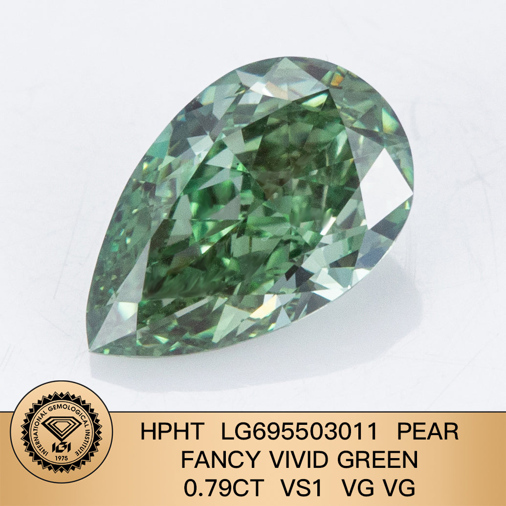 Lab Grown Diamond Fancy Vivid Green Pear 0.79 Carat 2VG HPHT VS1 IGI Certified