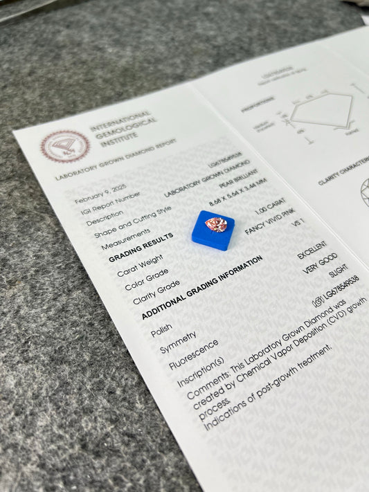 Lab Grown Diamond Pear Shape EX VG IGI Certified CVD VS1 1.00 Carat Fancy Vivid Pink