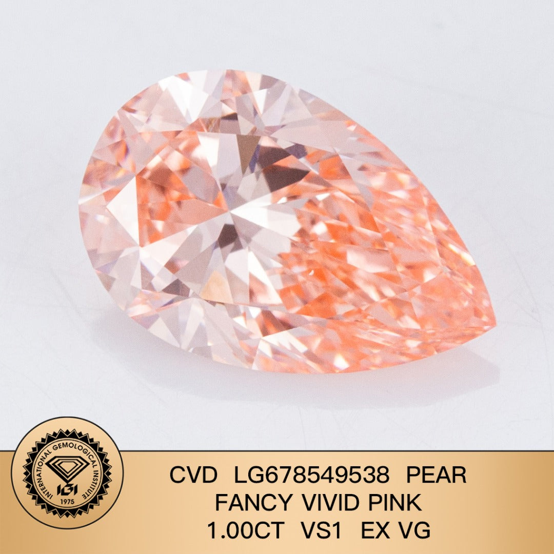 Lab Grown Diamond Pear Shape EX VG IGI Certified CVD VS1 1.00 Carat Fancy Vivid Pink