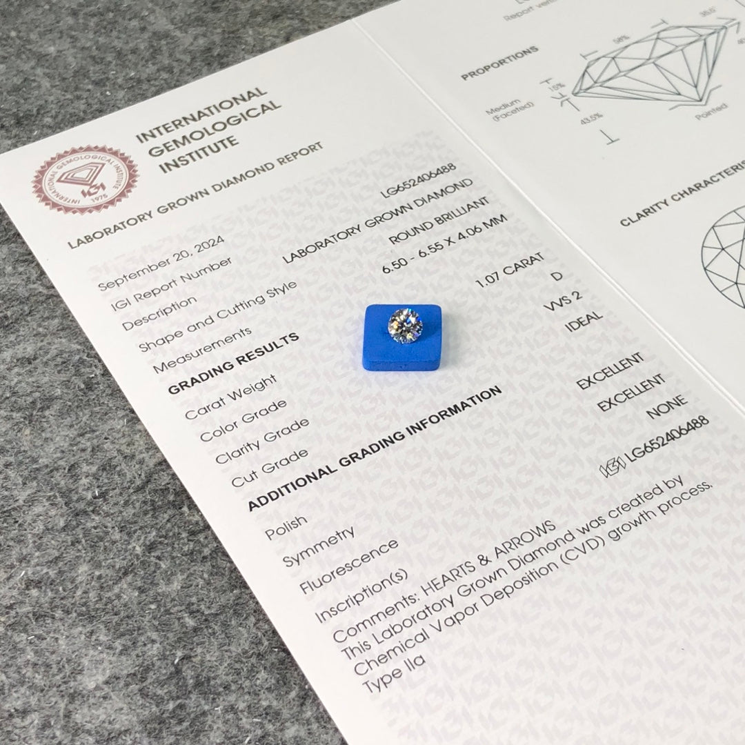 Lab Grown Diamond VVS2 IGI 1.07 Carat D CVD NONE 3EX