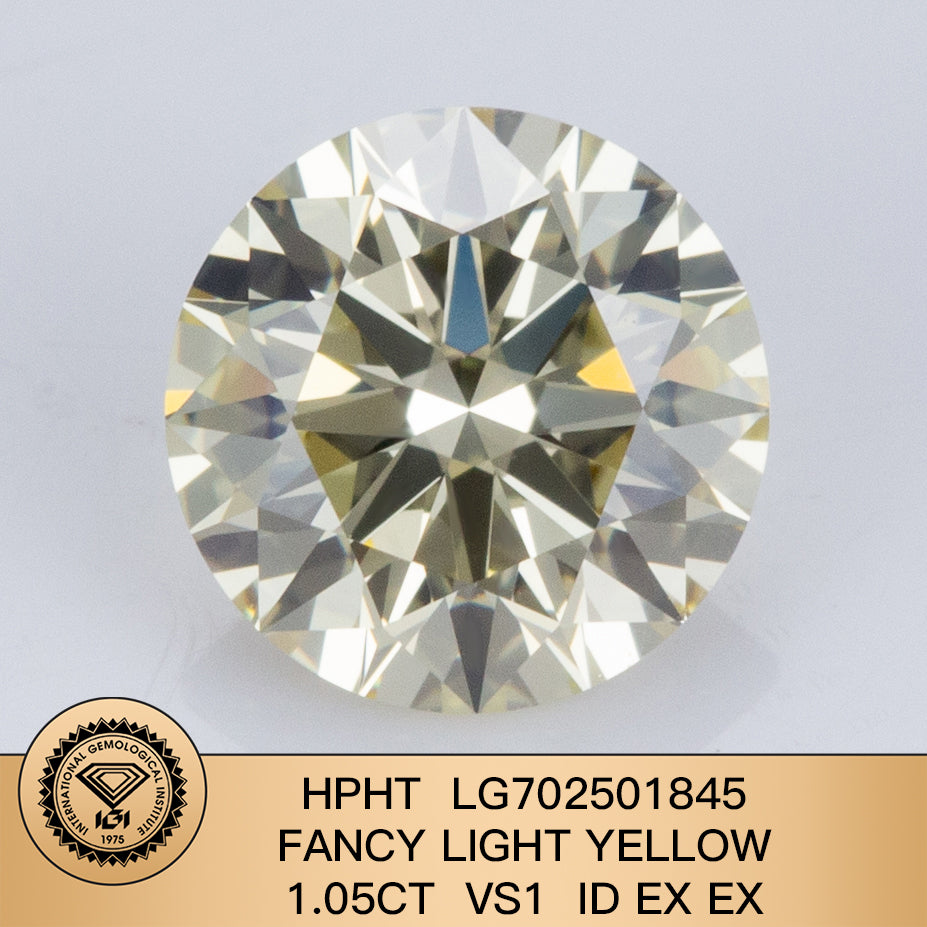 Lab Grown Round Diamond Fancy Light Yellow 1.05 Carat ID 2EX HPHT VS1 IGI Certified