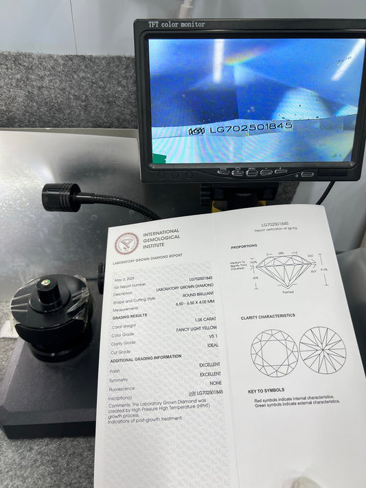 Lab Grown Round Diamond Fancy Light Yellow 1.05 Carat ID 2EX HPHT VS1 IGI Certified
