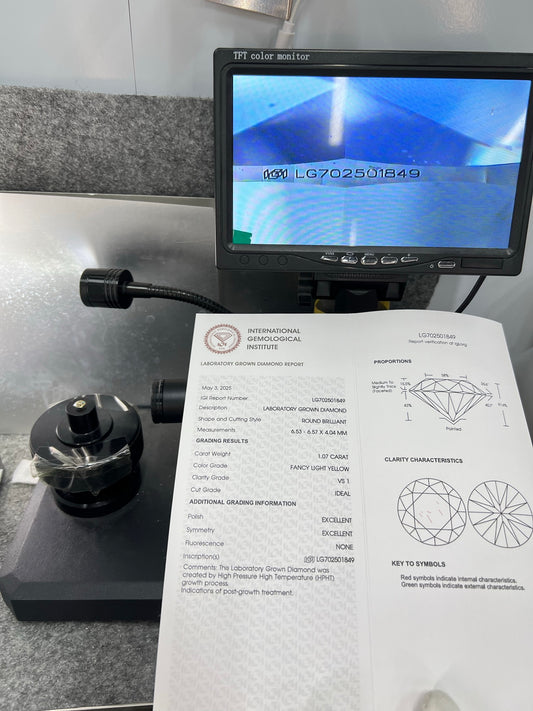 Lab Grown Round Diamond Fancy Light Yellow 1.07 Carat ID 2EX HPHT VS1 IGI Certified
