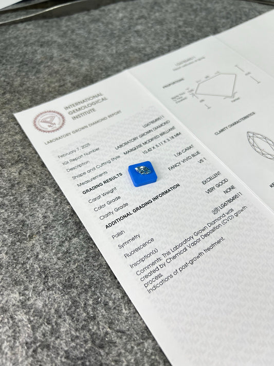 Lab Grown Diamond 1.06 Carat Fancy Vivid Blue VS1 IGI CVD EX VG Marquise