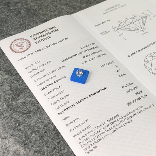 Man Made Loose Diamond VS1 IGI E CVD 1.07 Carat Lab Grown Excellent Cut