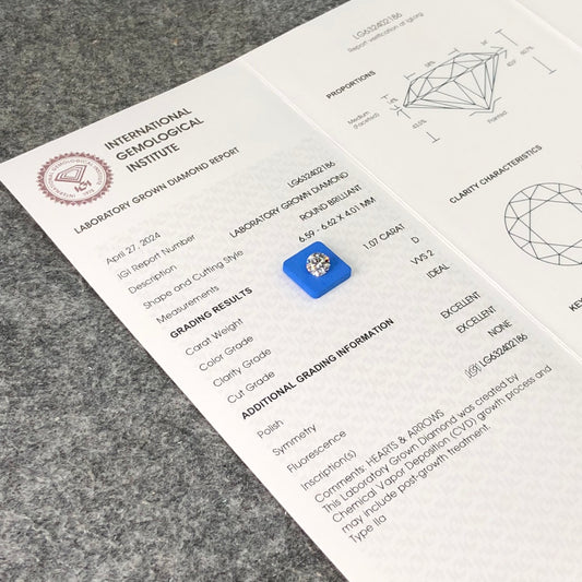 Lab Grown Diamond VVS2 IGI 1.07 Carat D CVD NONE 3EX