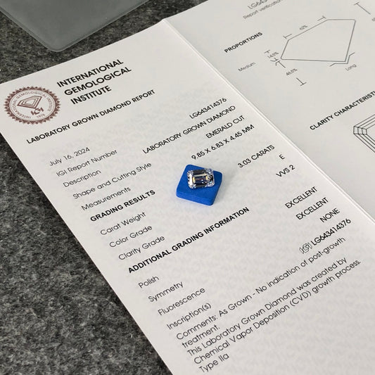 3.03 Carat Lab Grown Diamond 2EX IGI CVD NONE Fluorescence Emerald E VVS2