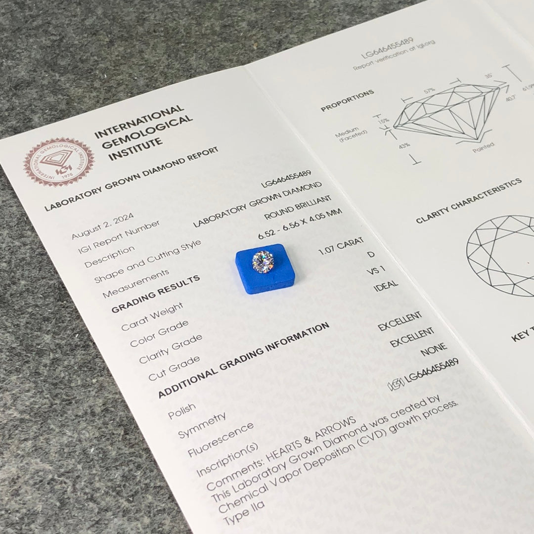 1.07 Carat Lab Grown Man Made Diamond VS1 IGI D CVD NONE Excellent Cut