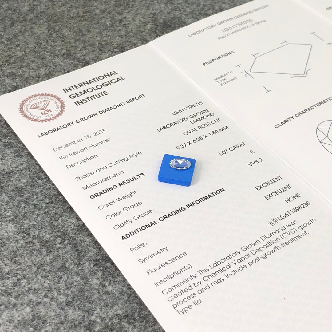 1.07 Carat Lab Grown Oval Diamond VVS2 IGI E CVD None Rose Cut