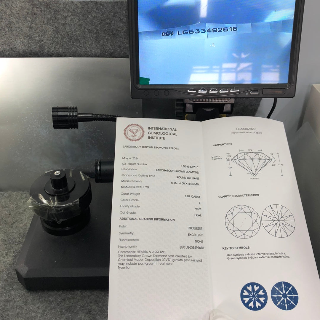 1.07 Carat Lab Grown Round Diamond VS2 IGI E CVD NONE Ideal Excellent