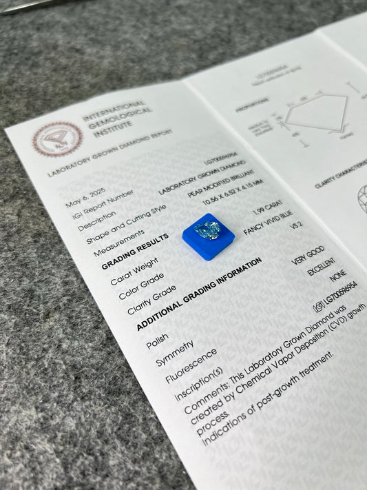 Lab Grown Diamond 1.99 Carat Fancy Vivid Blue VS2 IGI CVD Pear Shape