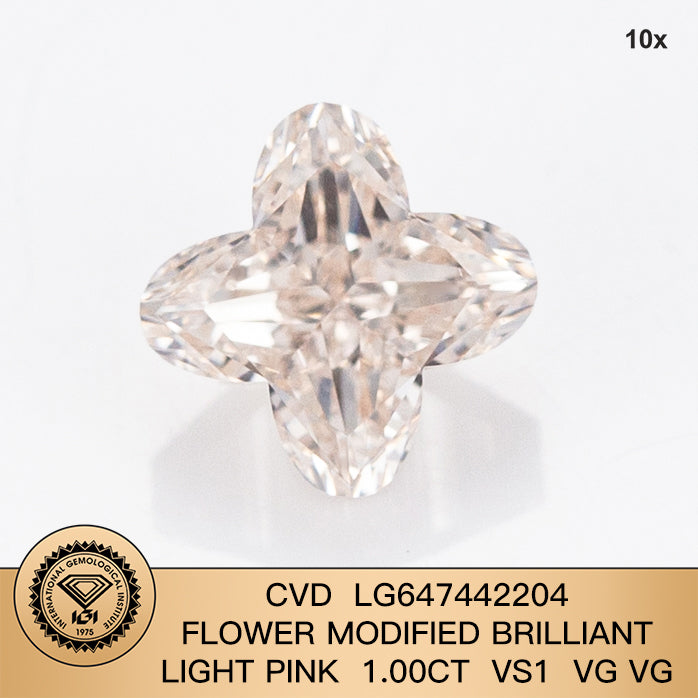 CVD 1.00 Carat IGI Certificate Lab Grown Diamond Light Pink VS1 Flower 2VG