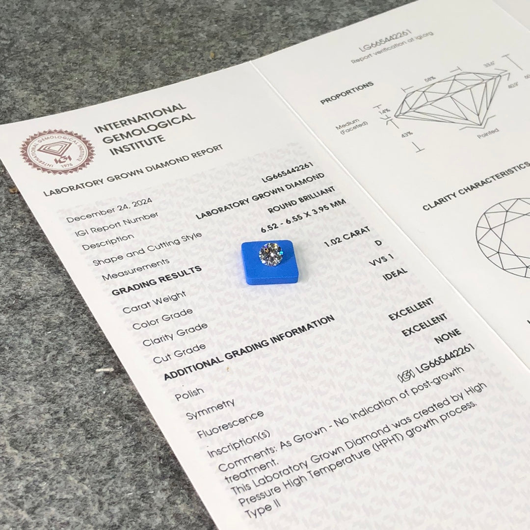 Lab Grown Diamond VVS1 IGI 1.02 Carat Round D HPHT NONE 3EX