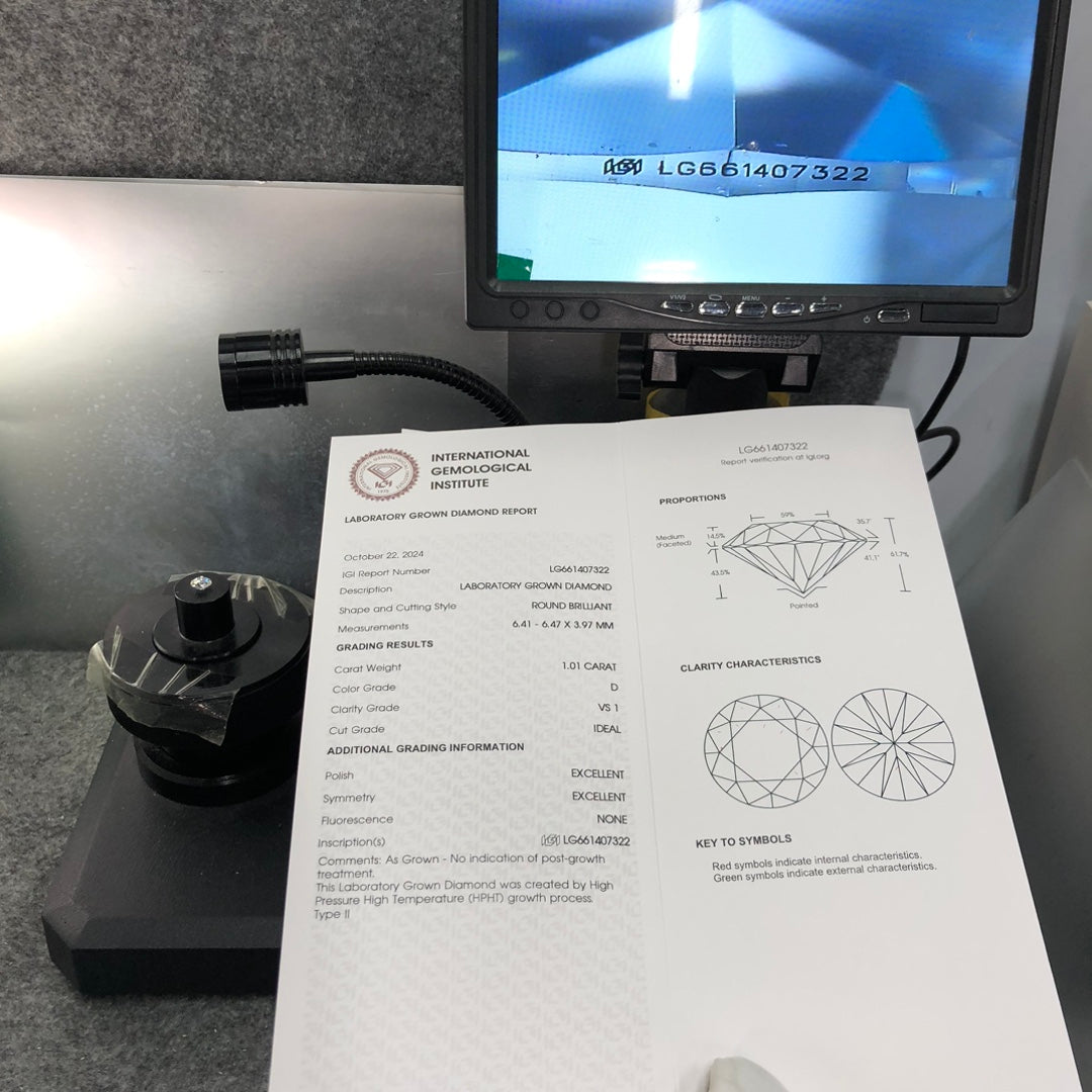 1.01 Carat Lab Grown Diamond VS1 IGI D HPHT 3EX Synthetic Diamond