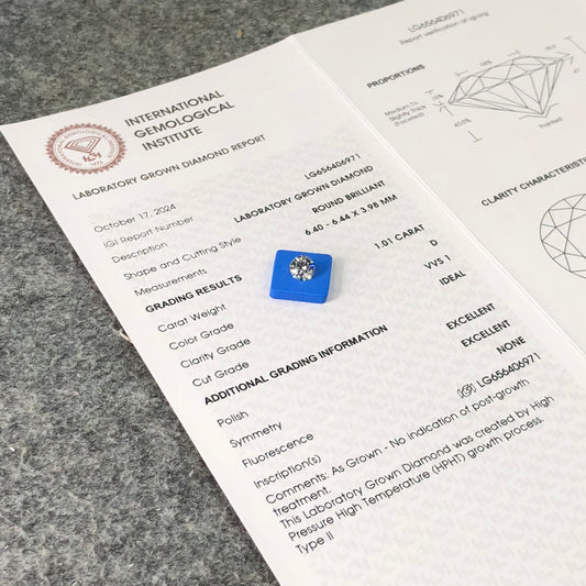 1.01 Carat D Lab Grown Diamond VVS1 IGI HPHT NONE 3EX