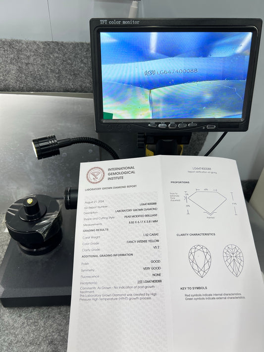 Lab Grown Diamond 1.52 Carat Fancy Intense Yellow VS2 VG VG IGI HPHT Pear Shape