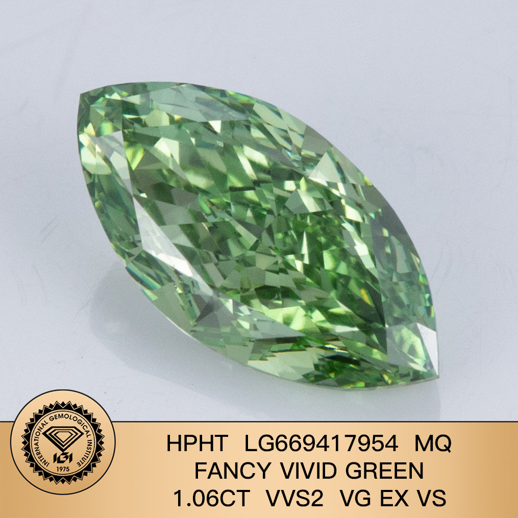 Lab Grown Diamond Fancy Vivid Green Marquise 1.06 Carat VG EX VS HPHT VVS2 IGI Certified
