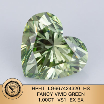 1.00 Carat Lab Grown Diamond Fancy Vivid Green VS1 2EX HPHT Heart Shape