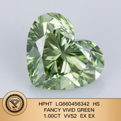 1.00 Carat Lab Grown Diamond Fancy Vivid Green VVS2 2EX HPHT Heart Shape