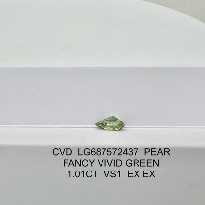 1.01 Carat HPHT Lab Grown Pear Diamond Fancy Vivid Green VS1 2EX