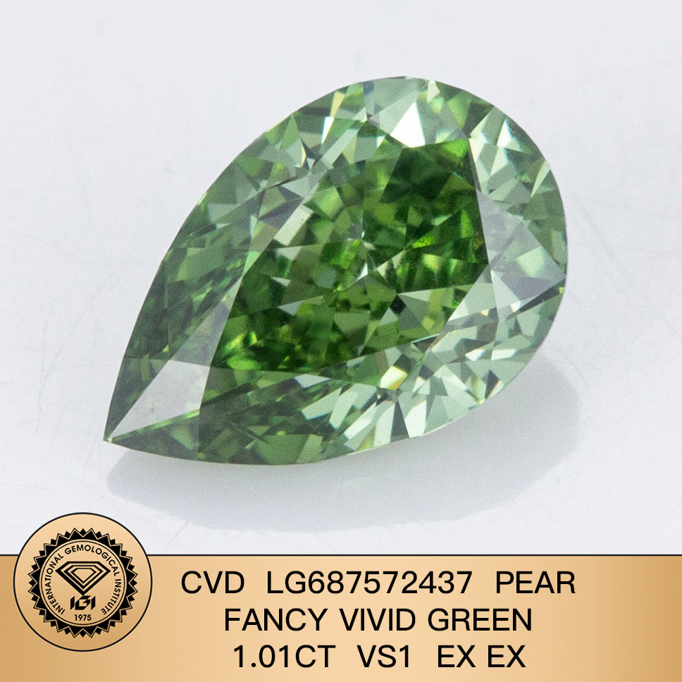 1.01 Carat HPHT Lab Grown Pear Diamond Fancy Vivid Green VS1 2EX